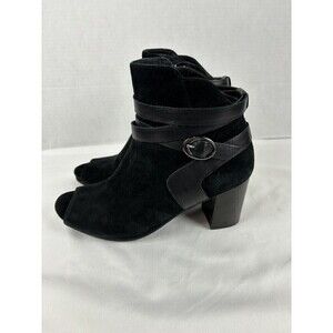Earthies Santo Peeptoe Booties Boots Black Suede 8.5 B Ankle Zip Arch Support